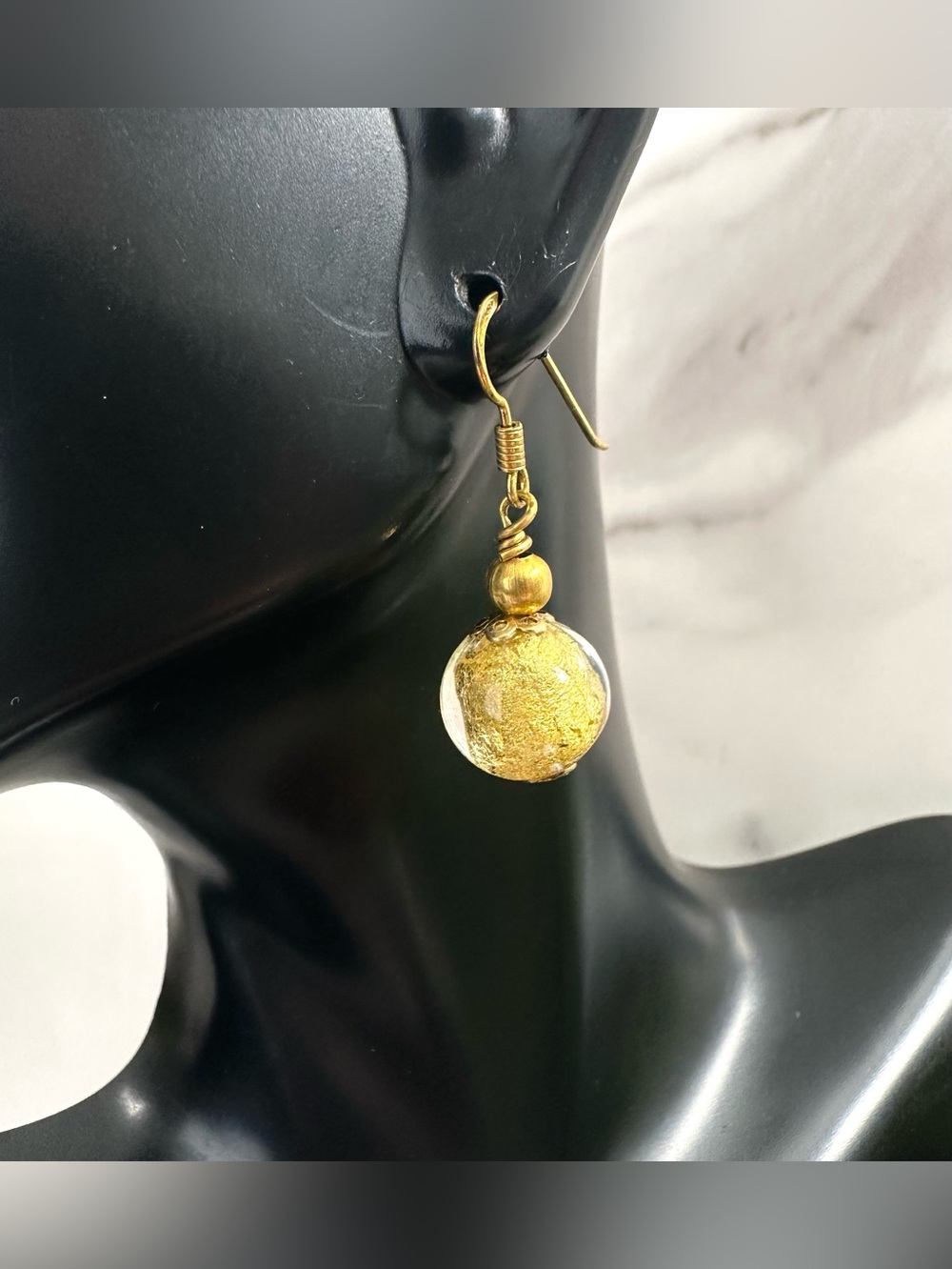 💛Gorgeous Gold Foil Glass Dangle Earrings on 925 Wires